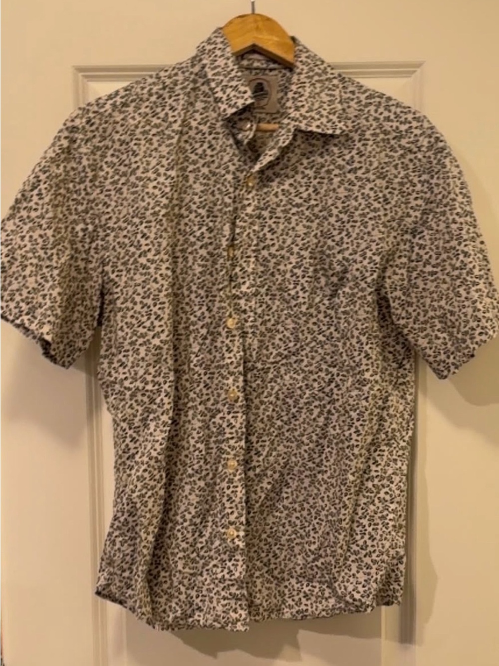 Vintage Estate Short Sleeve White Shirt with Black Floral Print